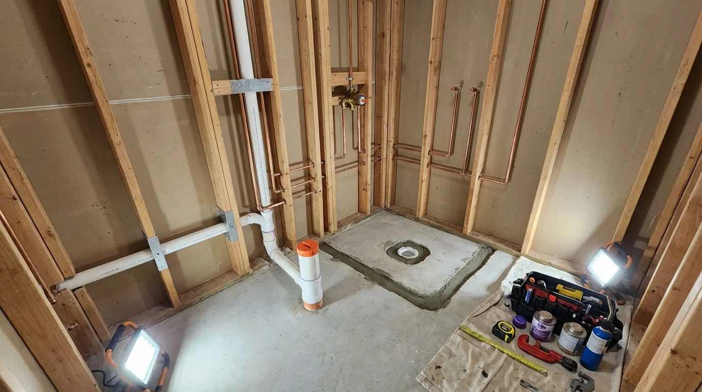 Bathroom rough-in plumbing during remodel by Johns Plumbing LLC in Oak Brook