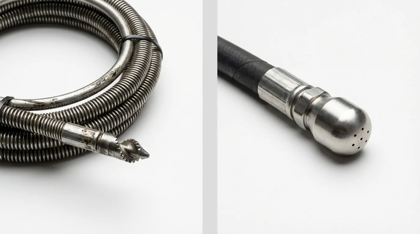 Drain snake cable and hydro jetting nozzle used for drain cleaning in Oak Brook, IL