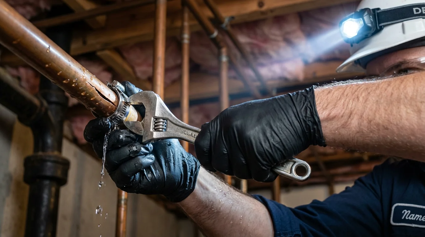 Emergency pipe clamp repair being performed by a Johns Plumbing LLC plumber in Oak Brook