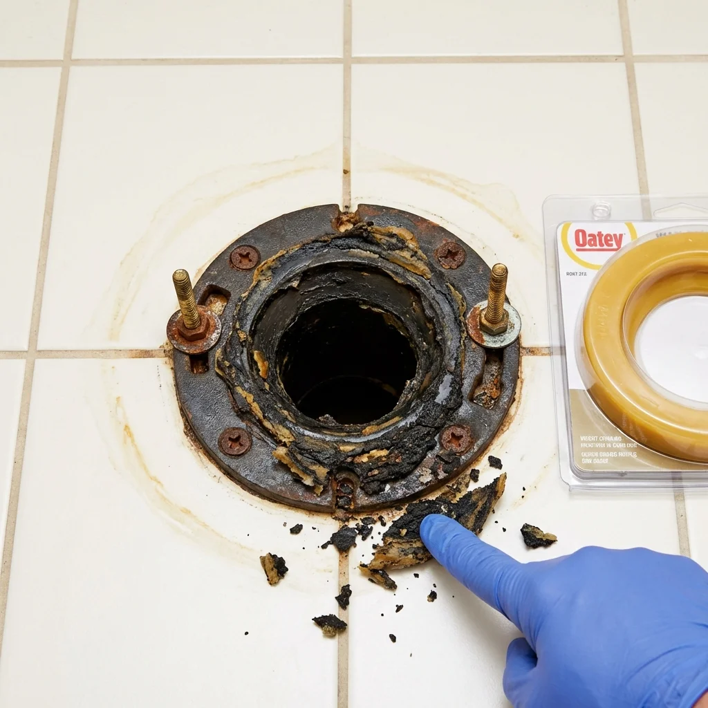 Failed wax ring showing water seepage at the base of a toilet in a Oak Brook, IL home