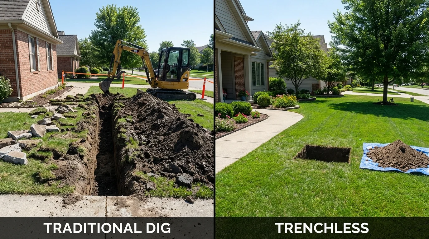 Trenchless sewer repair with minimal yard damage versus traditional excavation in Oak Brook, IL