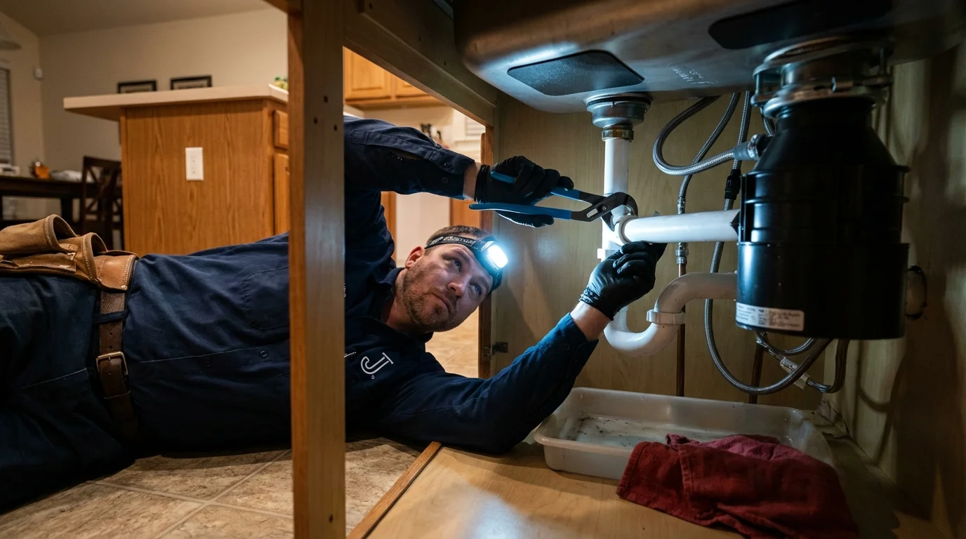 P-trap and supply line connections under a kitchen sink showing a common leak point in Oak Brook, IL